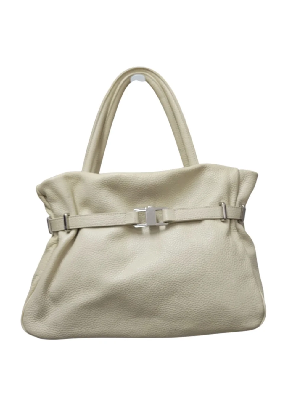 Phynes Paris Women's Beige Leather Double-Handle Leather Satchel Bag Purse